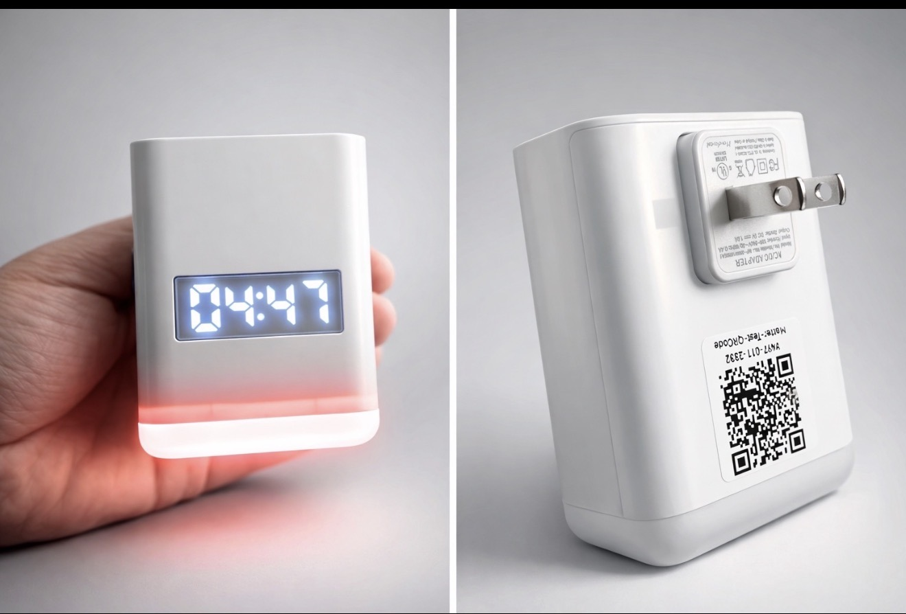 Watt-Less AES prototype: a plug-in household digital clock with a color cue band, front and back views